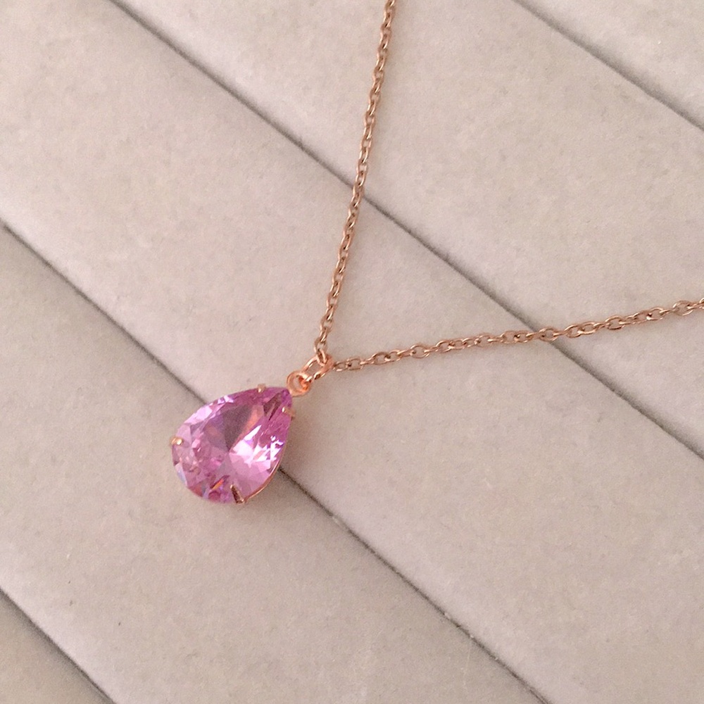 Rose Pink + Rose Gold Cubic Zirconia Pear Crystal Drop Pendant Necklace - Picture 8 of 10